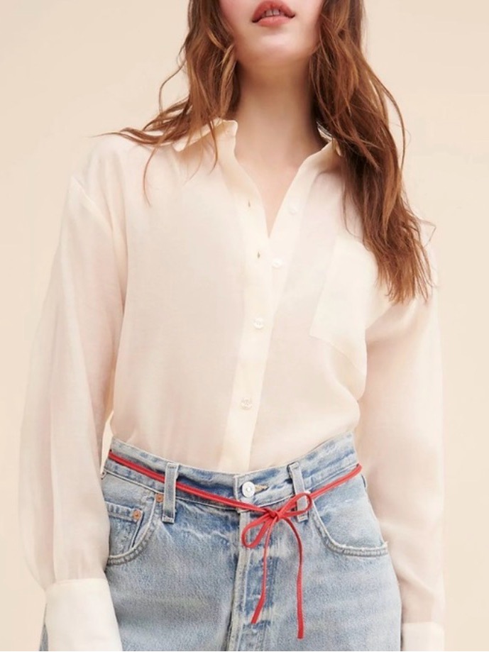 Anthropologie Wayf Beige Sheer Buttondown Shirt, New